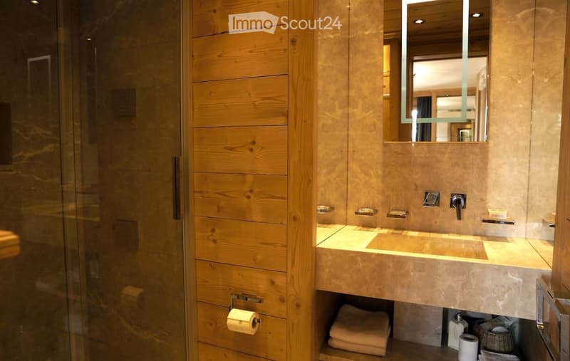 Elegant bathroom with a marble sink, wooden storage cabinet, and a large mirror above the sink. A glass-enclosed shower is visible on the left side.