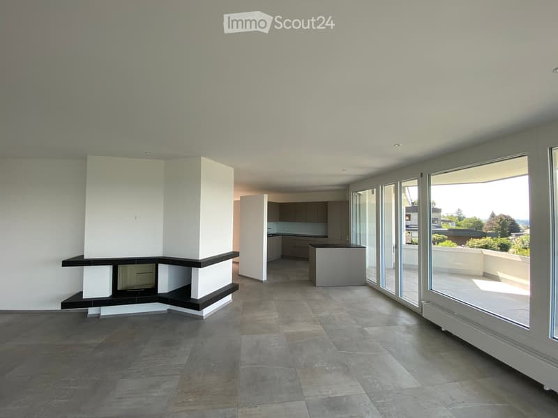 Open-plan living and kitchen area with a modern fireplace, sleek kitchen cabinets, and expansive windows offering a scenic view.