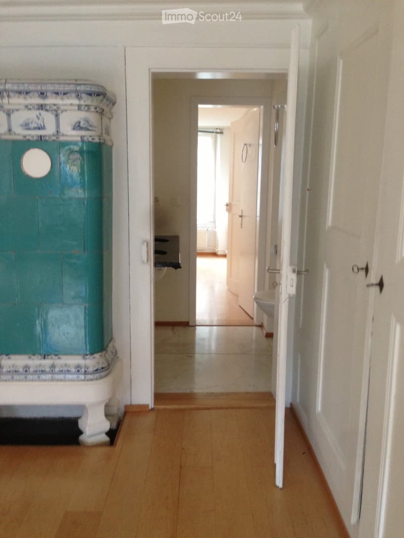 A narrow hallway with wooden flooring, white walls, and a decorative blue and white cabinet on the left side. The hallway leads to an open doorway revealing a bathroom with a toilet and sink.