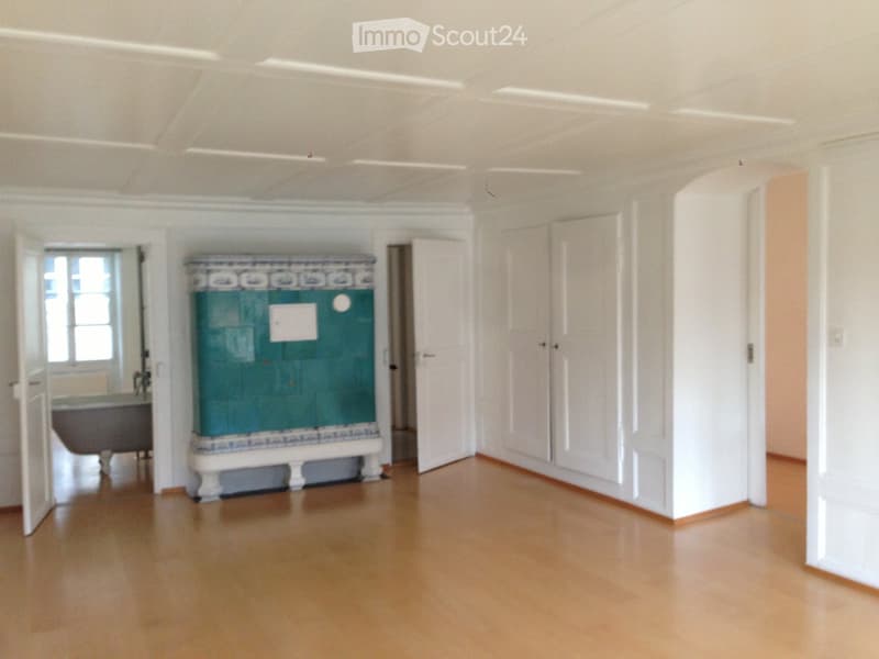 Empty room with wooden flooring, white walls, and a large green cabinet with a decorative tile front. The room has several doors and a window letting in natural light.