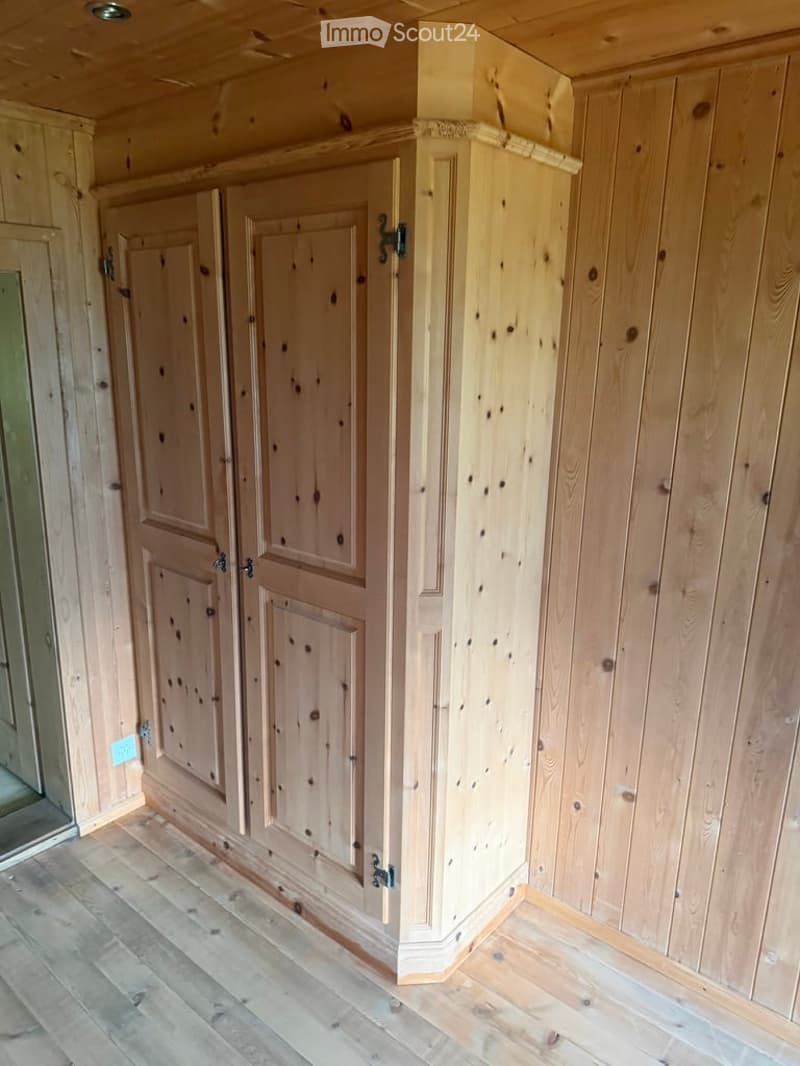 Empty wooden room with built-in wooden cabinets and a wooden floor.