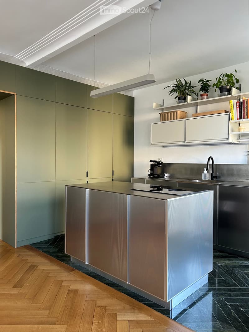 Modern kitchen with sleek, minimalist design featuring a central island, integrated sink, and pendant lighting. The space includes built-in cabinets, a coffee maker, and decorative plants on shelves.