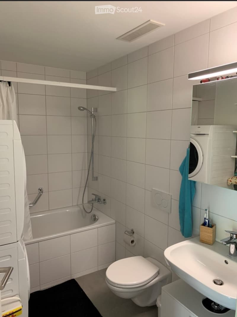 Modern bathroom with a bathtub, toilet, sink, mirror, and washing machine. Features tiled walls, a shower curtain, and a towel hanging on the washing machine.