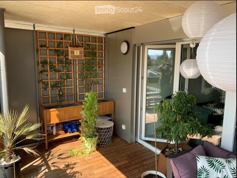 Balcony with wooden decking, large glass doors, potted plants, a small sofa with cushions, a wooden shelf, and a birdhouse on a trellis.