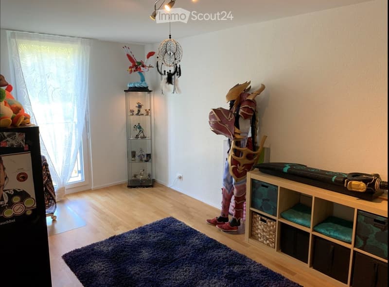 A furnished room with a wooden floor, large window with sheer curtains, a display case with figurines, a dreamcatcher hanging from the ceiling, a large costume figure, a shelf with storage boxes, and a blue rug.