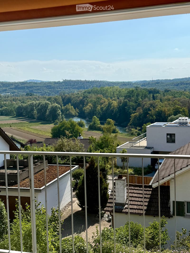 Balcony overlooking a scenic valley with a river, surrounded by trees and houses.