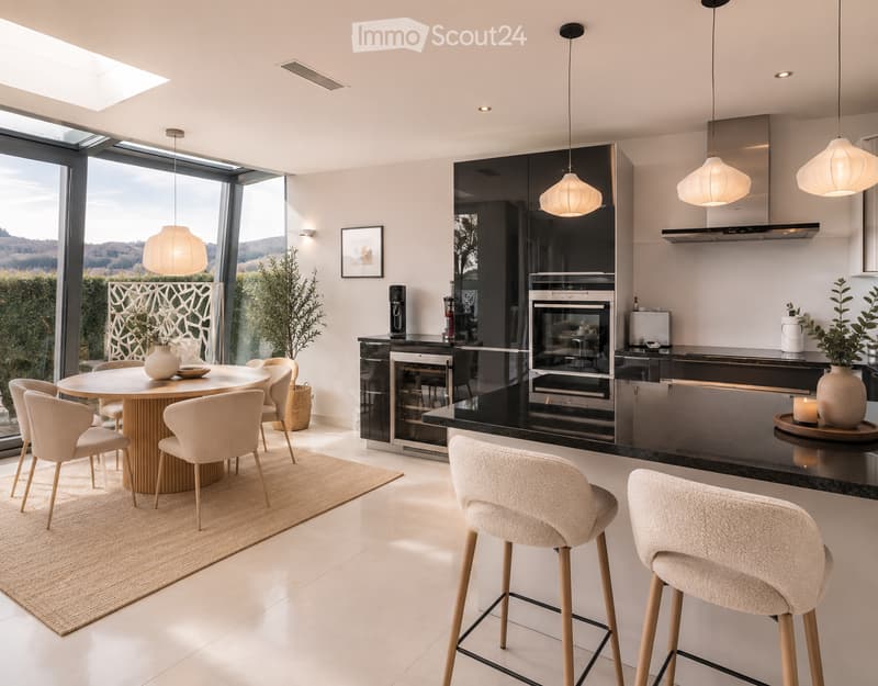 Modern kitchen with a round dining table, six chairs, two bar stools, built-in oven, refrigerator, kitchen island, pendant lights, and decorative vases.