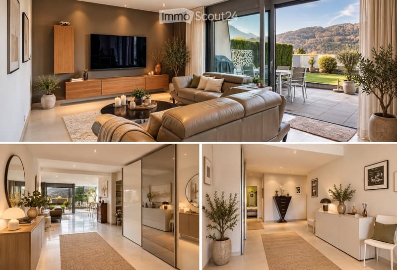 Modern living room with large windows offering a scenic mountain view, featuring a grey leather sofa, coffee table, flat-screen TV, dining area with chairs and table, and decorative elements like vases and potted plants.