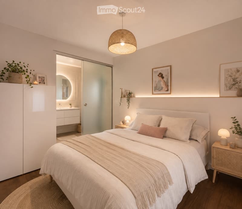 Modern bedroom with a large bed, nightstands, lamps, and a bathroom visible through a glass door. Features include a woven pendant light, framed artwork, and decorative plants.