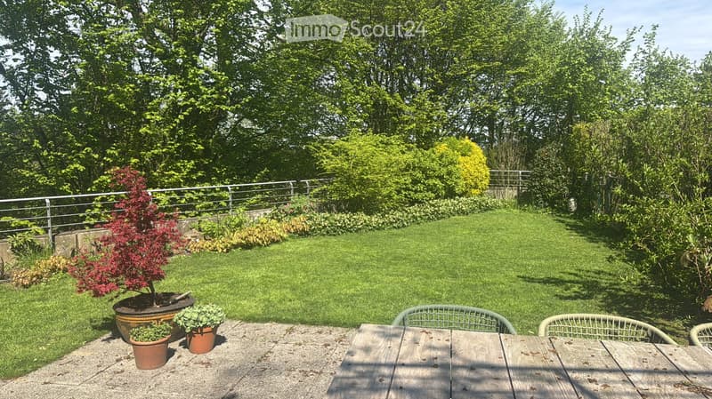 Well-maintained garden with a wooden table, wicker chairs, potted plants, and a metal railing overlooking a grassy lawn surrounded by trees.