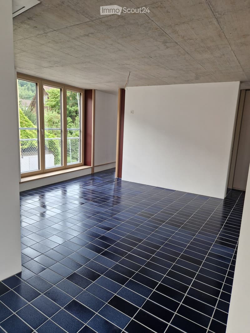 Empty room with dark blue tiled floor, white walls, and large windows with a view of greenery outside.
