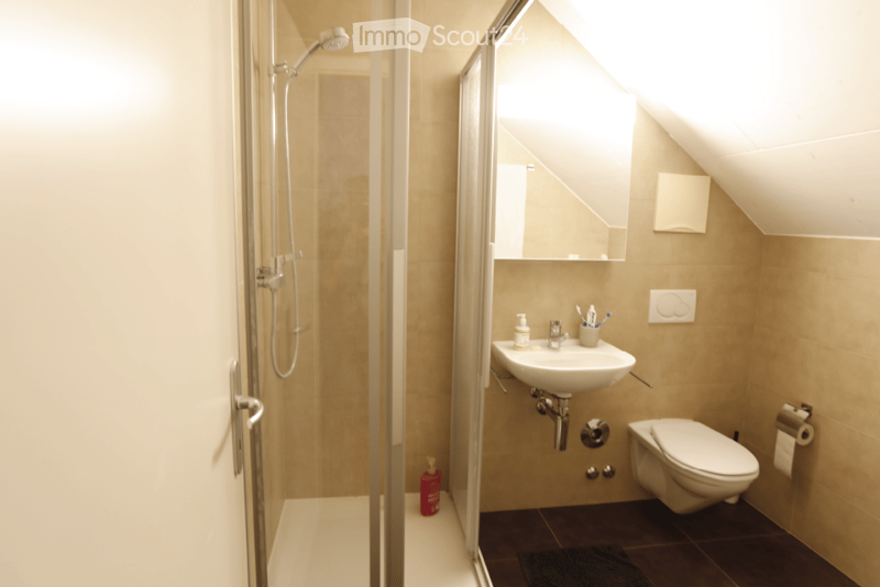 Modern bathroom with a shower, sink, toilet, and mirror. The walls are tiled in beige, and the floor is dark brown.