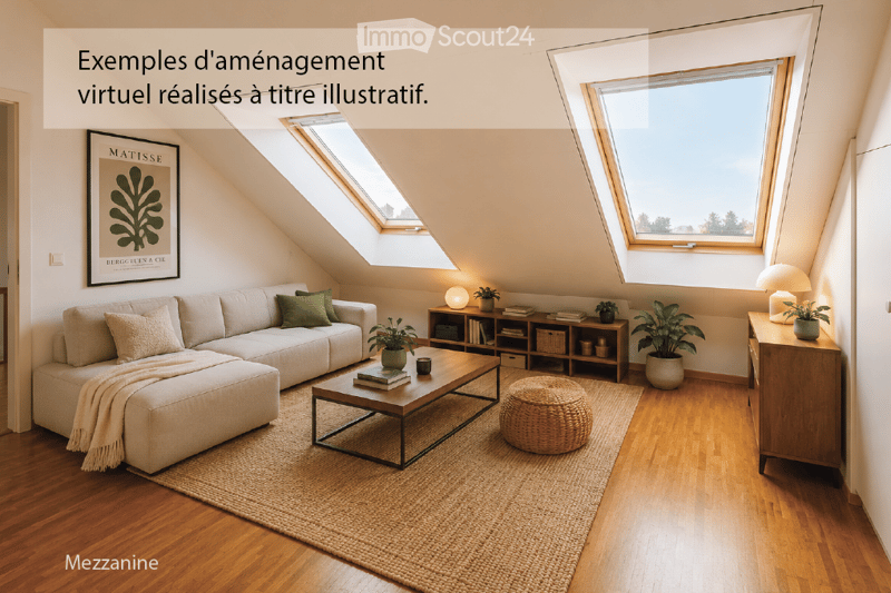 Bright living room with wooden flooring, large skylights, a white sectional sofa, coffee table, ottoman, side table, bookshelf, floor lamp, potted plants, and a picture frame on the wall.