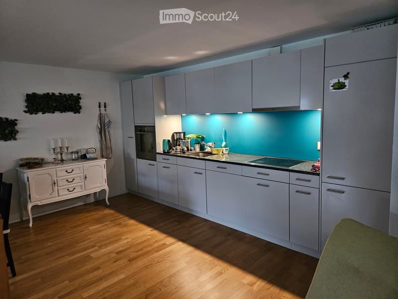 Modern kitchen with light grey cabinets, a turquoise backsplash, and a wooden floor. Features include an oven, sink, coffee maker, and decorative items on a sideboard.