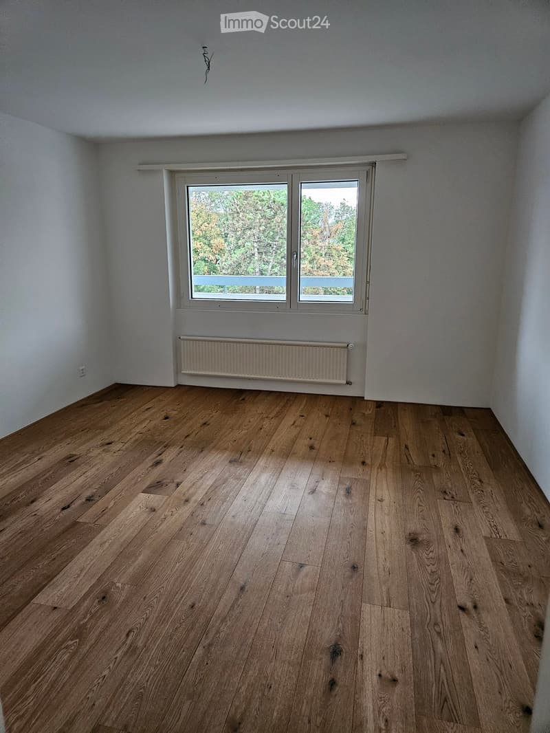 Empty room with wooden flooring, white walls, and a large window with a view of greenery. A radiator is visible below the window.