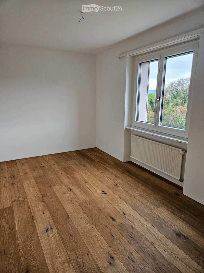 Empty room with wooden flooring, white walls, and a large window with a view of greenery outside.