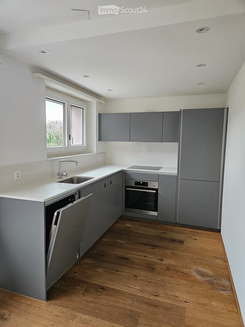 Modern kitchen with grey cabinets, white countertops, wooden flooring, and built-in appliances including a sink, oven, and dishwasher.