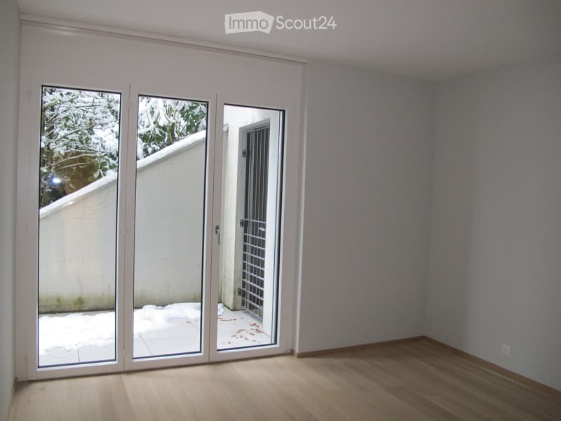 Empty room with wooden flooring, light grey walls, and large sliding glass doors leading to a snowy outdoor area.