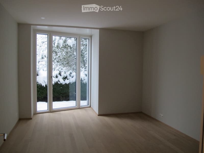 Empty room with light wooden flooring, large sliding glass doors leading to a snowy outdoor area, and neutral-colored walls.