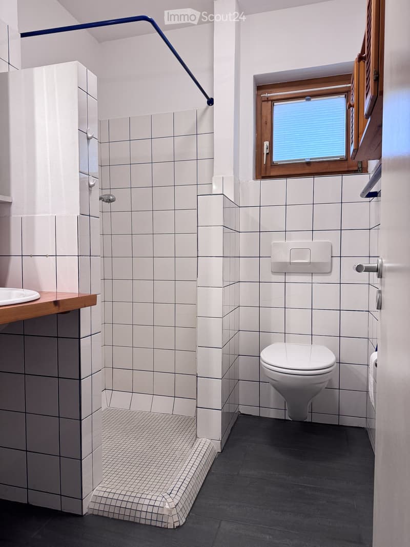 Modern bathroom with white tiled walls, a toilet, a sink with a wooden countertop, and a window with blinds.