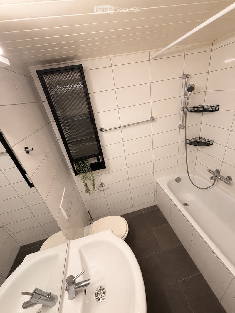 Modern bathroom with white tiles, bathtub, sink, toilet, and shower area with a handheld showerhead and built-in shelves.