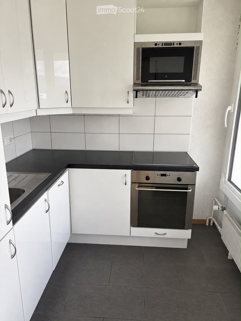 Modern kitchen with white cabinets, black countertops, stainless steel oven, microwave, and sink.
