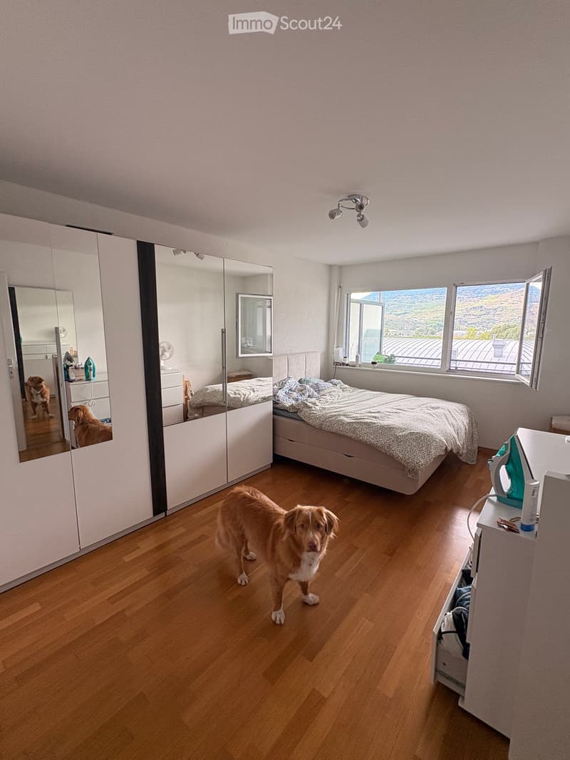Bright bedroom with wooden flooring, large bed, mirrored wardrobe, and scenic view through windows.