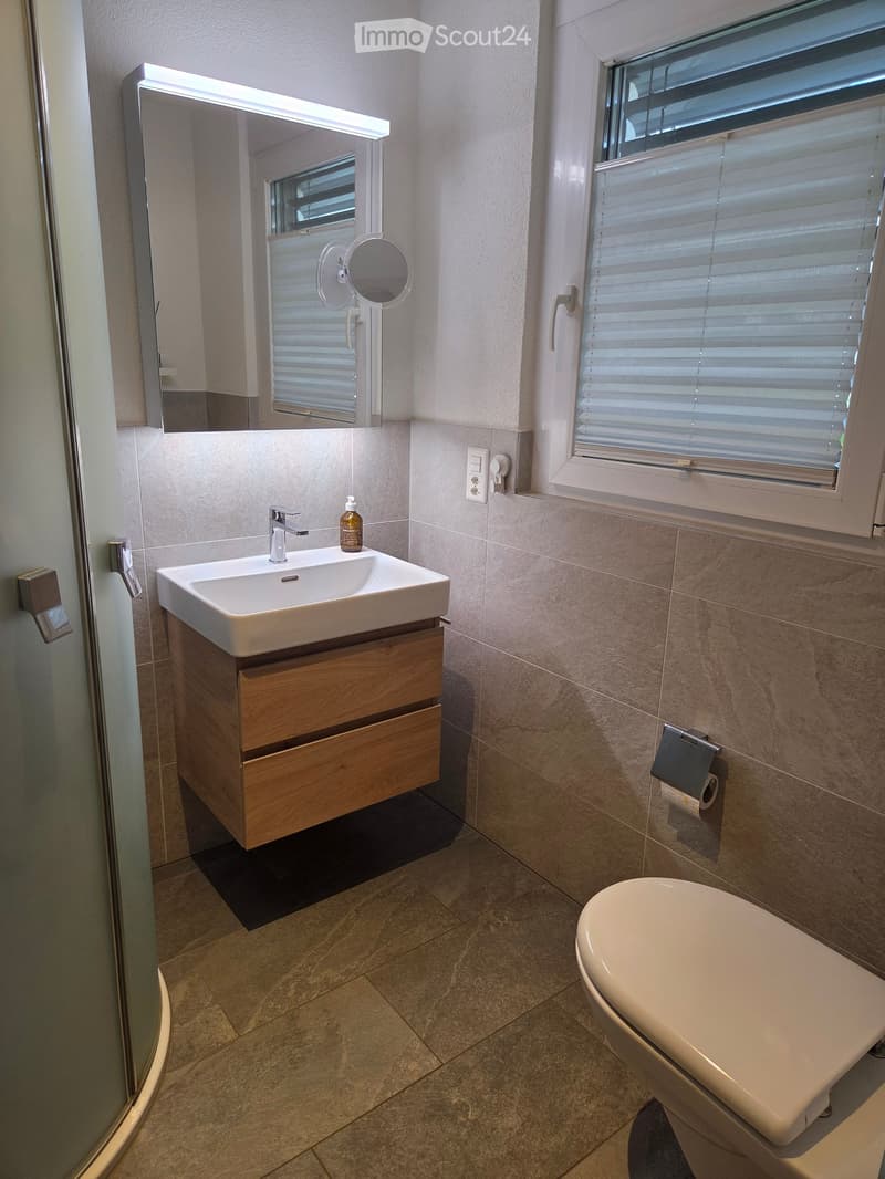 Modern bathroom with a white sink, wooden cabinet, large mirror with built-in lighting, toilet, and a window with blinds.