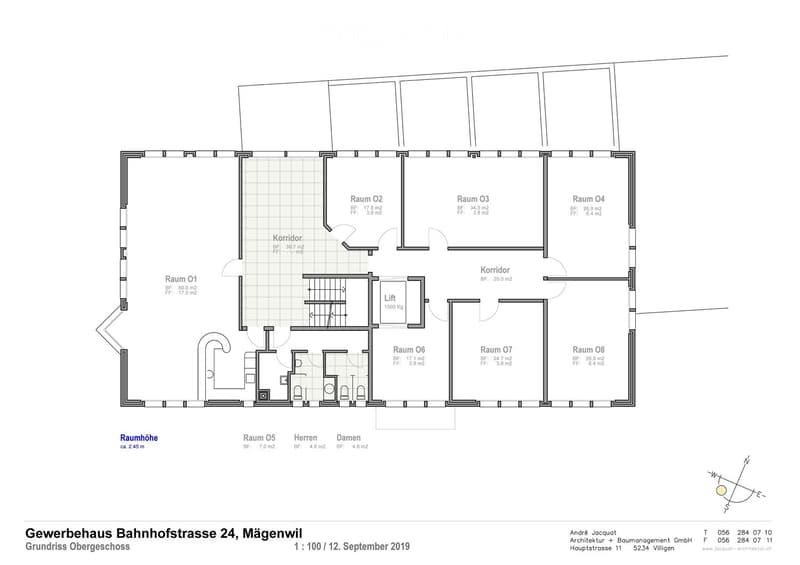 Floor plan of the upper floor of a commercial building, showing eight rooms, two corridors, and a lift.