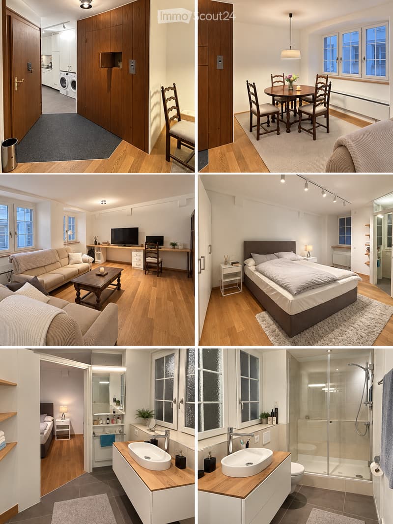 A collage of six images showcasing a modern, well-furnished apartment. The living room features a sofa, coffee table, and a desk with a laptop. The bedroom includes a bed, nightstand, and a small table. The dining area has a table and chairs. The kitchen