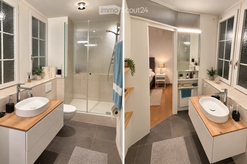 Modern bathroom with a sleek sink, toilet, and glass-enclosed shower. Features include a wooden countertop, a towel, a plant, and a mirror. The adjacent room shows a cozy bedroom with a bed, nightstand, and additional bathroom fixtures.