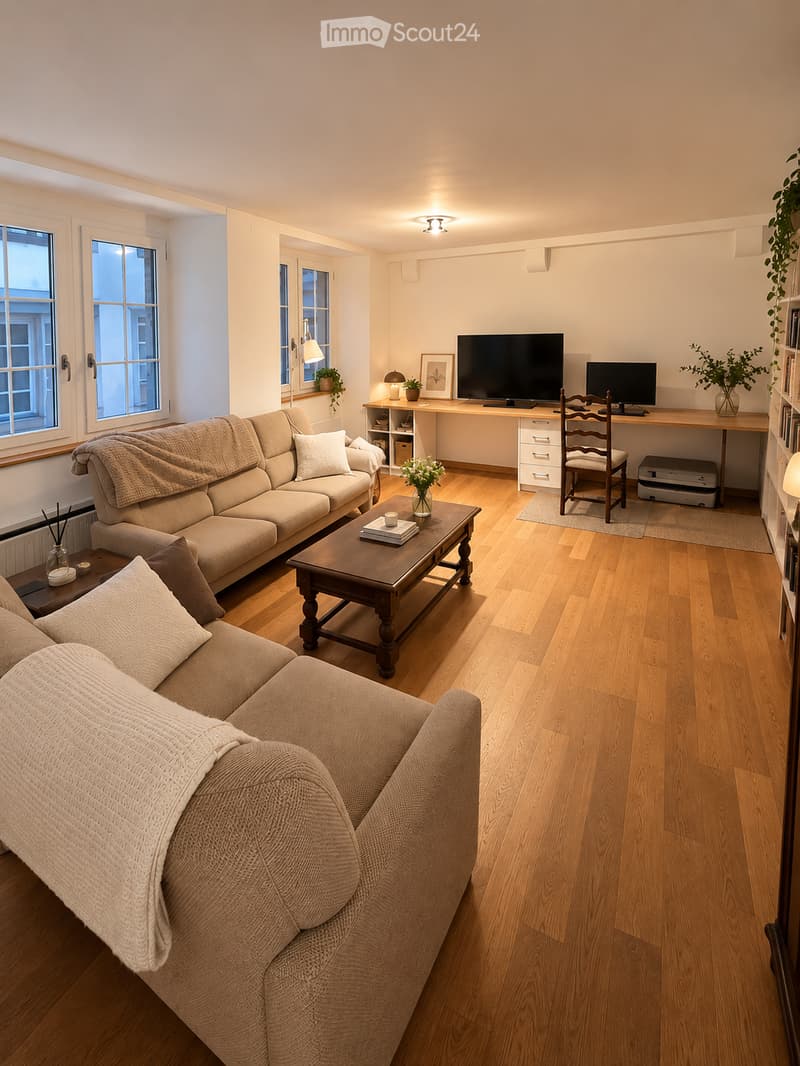A modern living room with a beige sofa, wooden coffee table, desk with a computer, and decorative plants. The room features large windows and wooden flooring.
