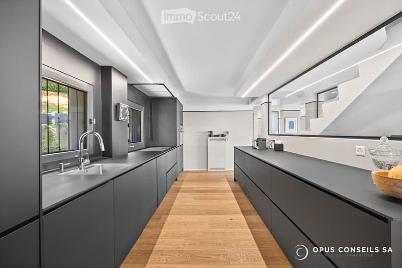 Modern kitchen with dark grey cabinets, stainless steel sink, and wooden flooring. Features a large window, a countertop with a decorative bowl, and a mirror above the sink.