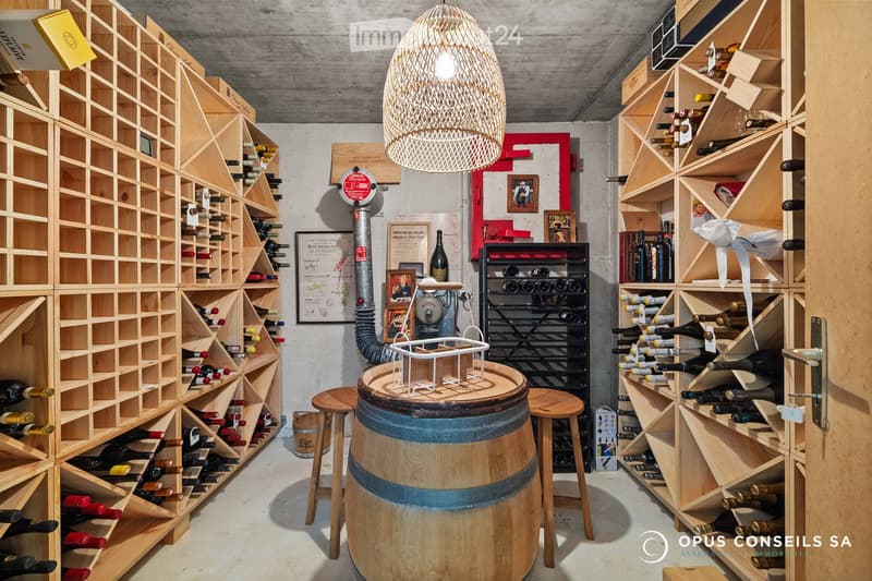 A wine cellar with wooden racks filled with bottles, a large wine barrel in the center, a hanging pendant light, and framed pictures on the walls.