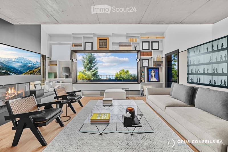 Modern living room with a fireplace, large windows, a sofa, coffee table, chairs, and decorative shelves.