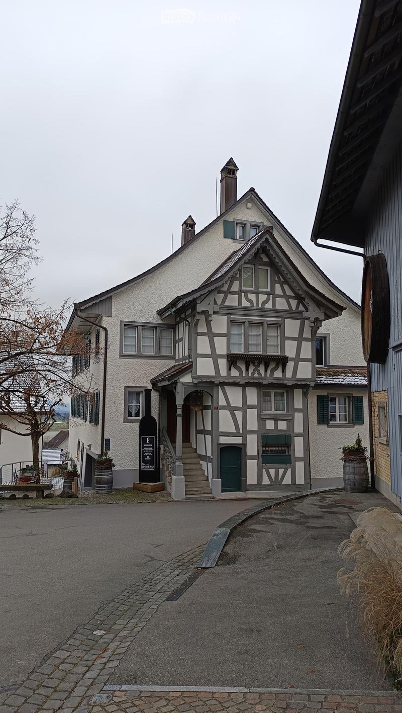 Traditional white house with brown timber accents, two storeys, tiled roof, several windows, a chimney, entrance door with stairs leading up, a tree, potted plants, a small road
