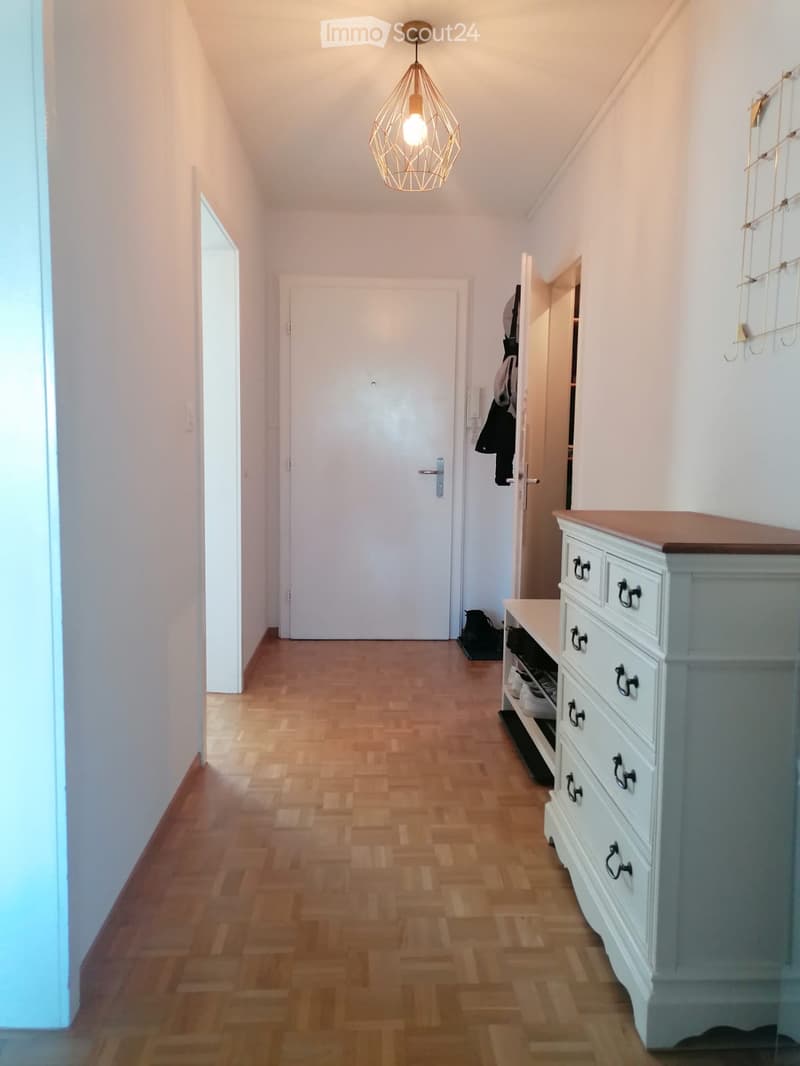 A narrow hallway with wooden flooring, white walls, and a hanging light fixture. There is a dresser with drawers on the right side and a coat rack with a few items hanging on it. The hallway leads to several closed doors.