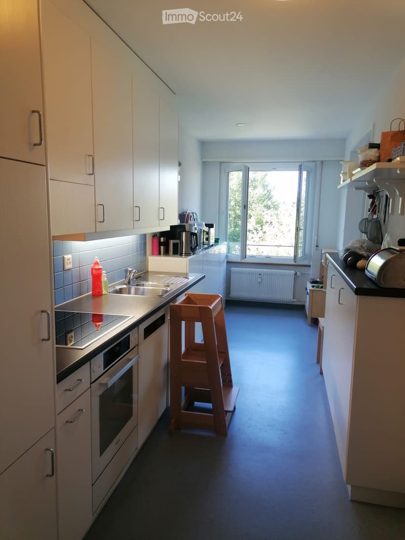 Modern kitchen with white cabinets, stainless steel appliances, a sink, and a window overlooking greenery. Includes a wooden stool, coffee maker, and various kitchen items on the counter.