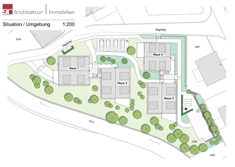 Floor plan showing four houses labeled Haus 1, Haus 2, Haus 3, and Haus 4, surrounded by green spaces and pathways.