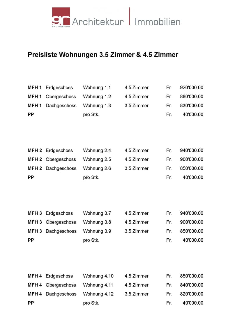 Price list for 3.5 and 4.5 room apartments across multiple floors of a multi-family house (MFH).