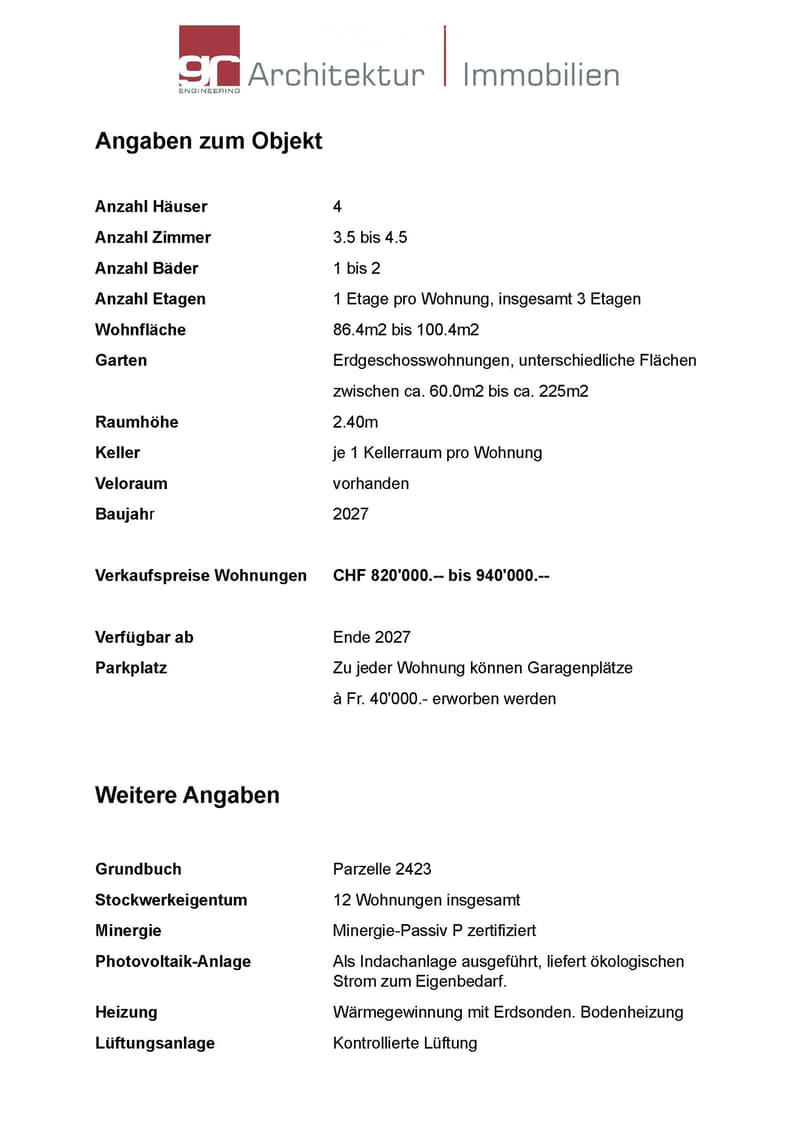 Document detailing property specifications including number of houses, rooms, bathrooms, floors, living area, garden, room height, basement, bicycle room, construction year, sales prices, availability, parking, land register, ownership, energy certificati