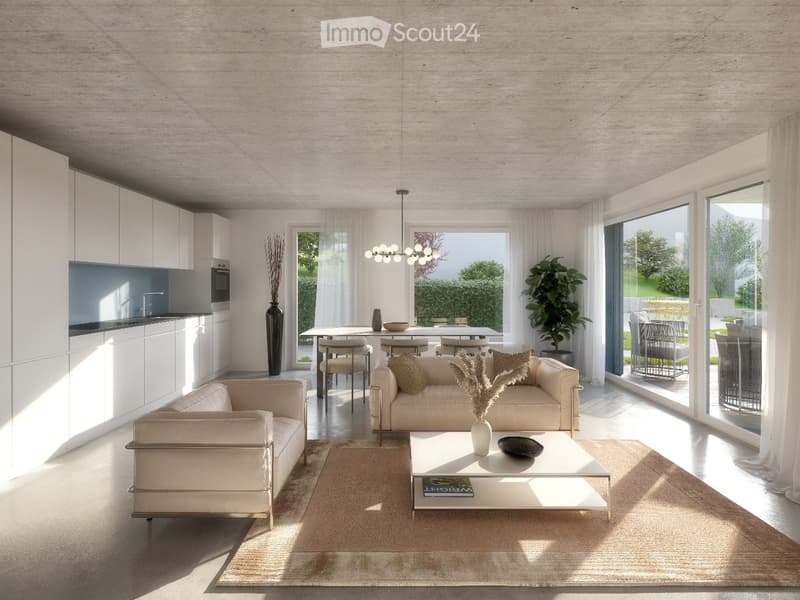 Modern, open-concept living and dining area with white cabinetry, a sleek kitchen, and large windows. Features a light-colored sofa, coffee table, dining table with chairs, and decorative vases.
