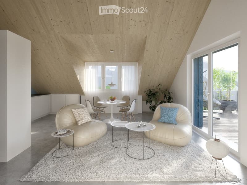 Modern living room with a white shaggy rug, two beige sofas, small tables, and a dining area with white chairs and a round table. Large windows and sliding glass doors lead to a balcony with outdoor furniture.