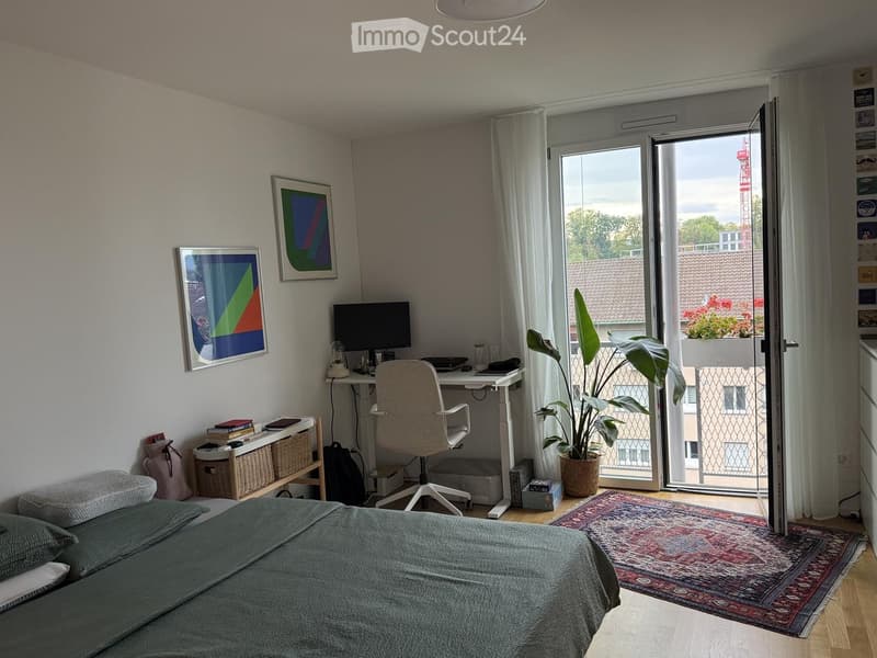 Cozy bedroom with a bed, desk, chair, and large window leading to a balcony. Includes a plant, rug, and storage unit.