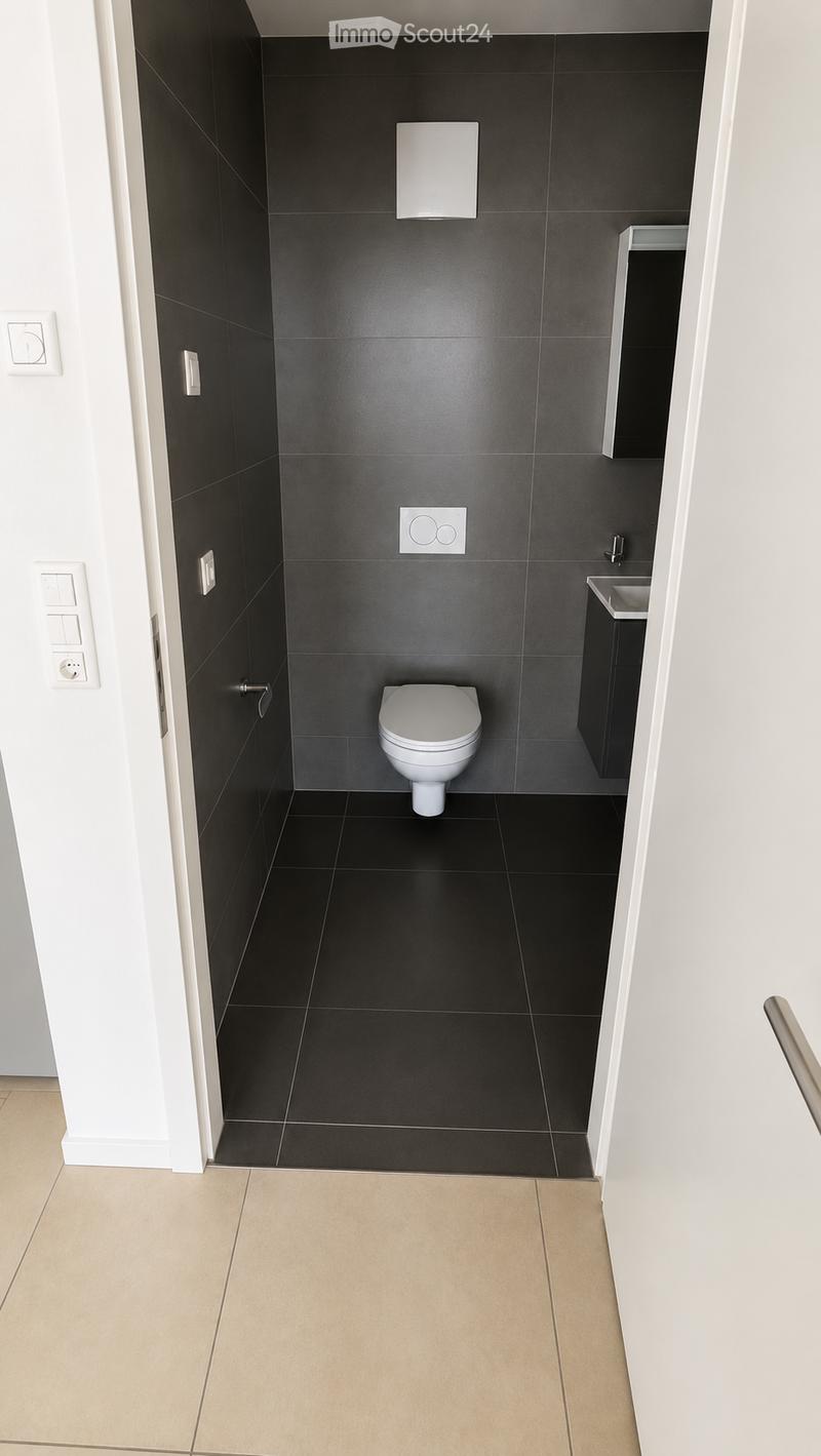 Modern bathroom with black tiled walls and floor, white toilet, sink, and mirror.