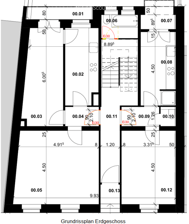 Ground floor plan showing multiple rooms including living area, kitchen, bedrooms, and bathrooms with labeled dimensions and room numbers.