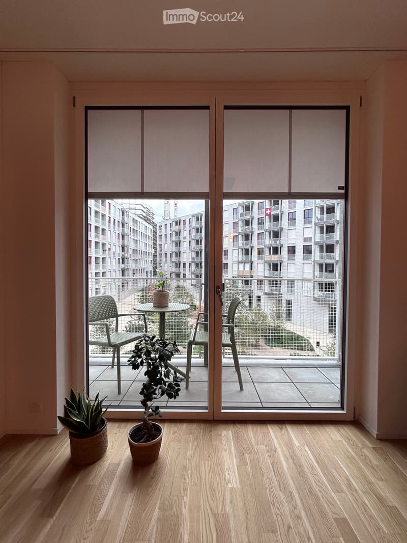 A modern, minimalist room with wooden flooring, large glass doors leading to a balcony, and a small table with chairs and potted plants.