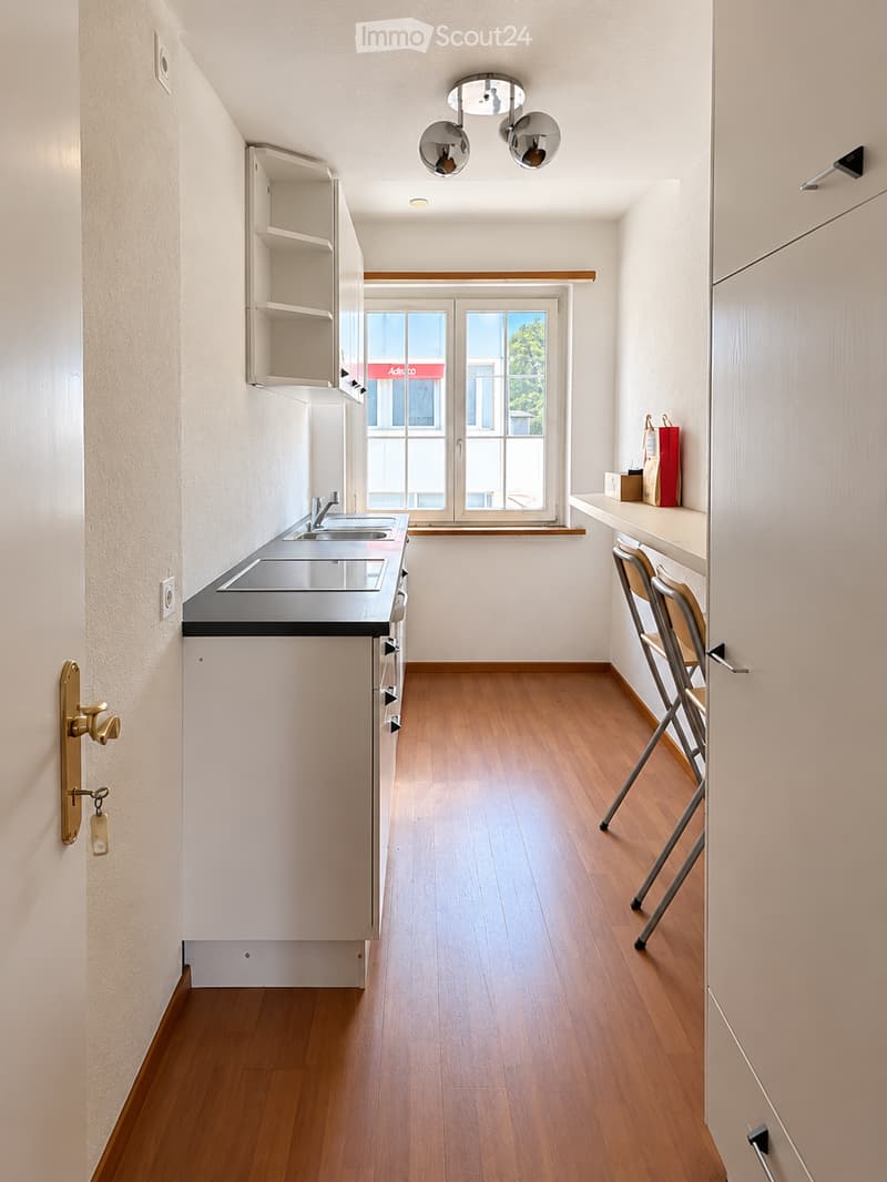 Empty kitchen with white cabinets, wooden floor, and a window with a view of greenery. No furniture or appliances are present.