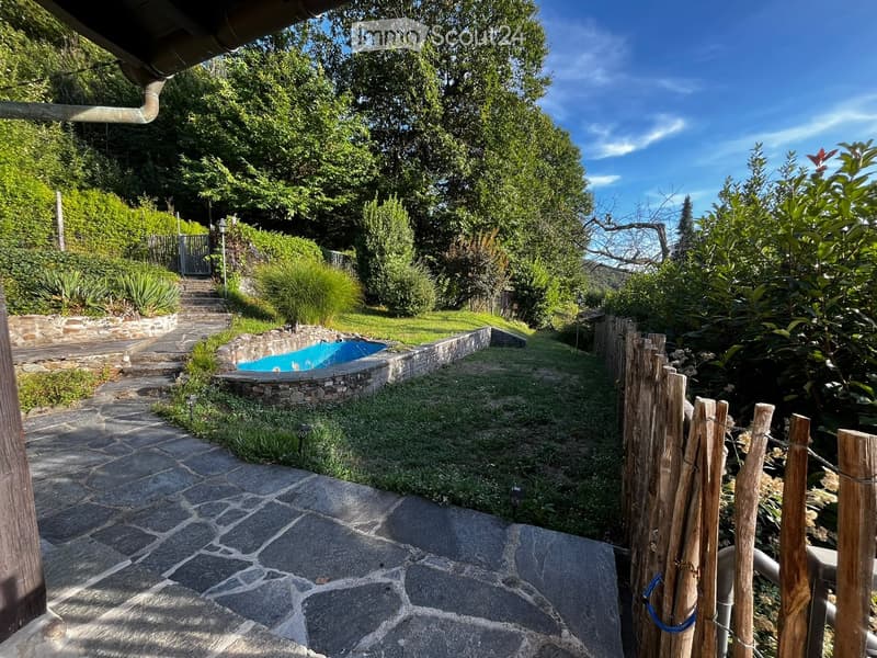Garden with a small swimming pool, stone pathways, wooden fence, and lush greenery.