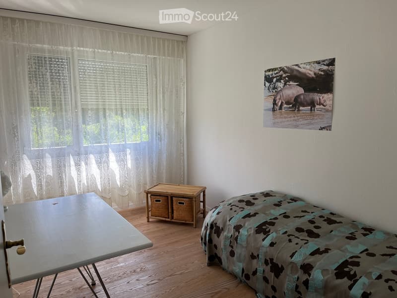 A well-lit bedroom with a bed covered in a patterned duvet, a small wooden table, a chair, and a large window with sheer curtains. A large picture of hippos hangs on the wall.